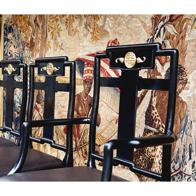 Early 20th Century Black Lacquer Chinese Influence Charcoal Leather Dining Chairs- Set of 4 For Sale - Image 10 of 13