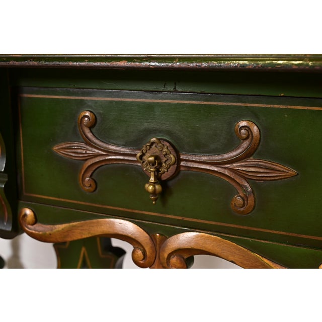 Green Antique Chinoiserie Jacobean Green Lacquered Hand Painted Bookcase or Bar Cabinet, Circa 1920s For Sale - Image 8 of 14