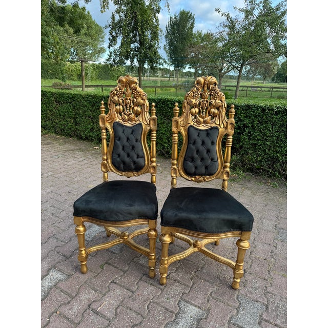 1900 Italian Baroque Rococo Gilded Beech Black Velvet Chairs - Set of 7 For Sale - Image 14 of 18