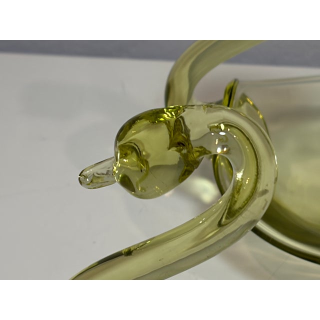 1950s Vintage Duncan & Miller Swan Candle Holder Pair Chartreuse 8" L Art Glass 1940s For Sale - Image 5 of 8