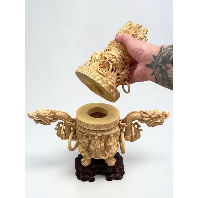 A striking vintage Chinese-style ceremonial censer / incense burner, intricately molded and carved in high relief with...