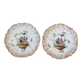 Vintage Pair of Handpainted Porcelain Dessert Plates With 18k Gold Trim - Dresden, Germany For Sale