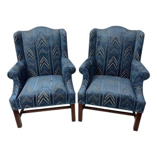 Pair of Upholstered Wingback Armchairs in a Thibaut Blue Cut Velvet For Sale