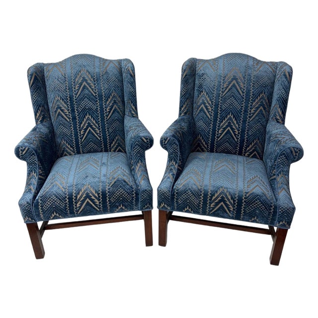 Pair of Upholstered Wingback Armchairs in a Thibaut Blue Cut Velvet For Sale