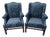 Pair of Upholstered Wingback Armchairs in a Thibaut Blue Cut Velvet For Sale