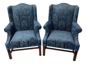 Pair of Upholstered Wingback Armchairs in a Thibaut Blue Cut Velvet