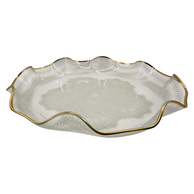Mid-Century Modern Vintage Glass Serving Dish With Lace Pattern and Gold Trimmed Ruffled Rim For Sale - Image 3 of 12