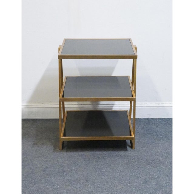 Late 20th Century Uttermost Grace Feyock Garrity Modern Glam 20" Gold Leaf Tiered Accent Table W. Black Glass Shelves Bar Table For Sale - Image 5 of 8