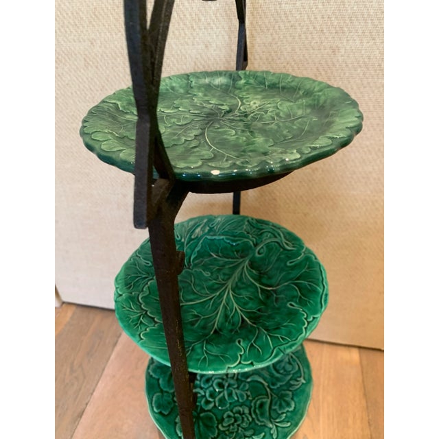 Vintage English Wrought Iron Serving Stand with Majolica plates. The stand, also referred to as an "English biscuit stand"...