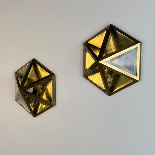 Black Hexagonal Brass and Beveled Glass Wall Sconces by Josef Hoffmann, 1970s, Set of 2 For Sale - Image 8 of 18