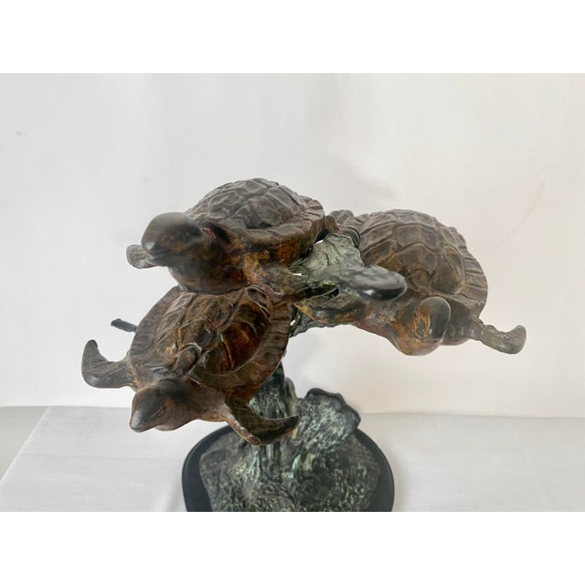 Vintage Sea Turtle Trio Swimming Around Reef, Bronze Sculpture For Sale - Image 4 of 8