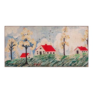 Charming and Sweet Folk Art Farm and Cabin Design Antique American Hooked Rug For Sale