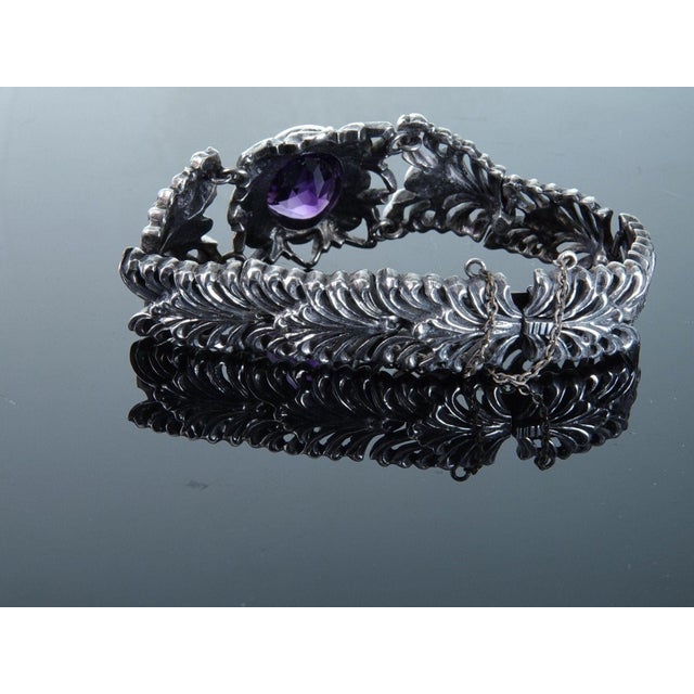 Art deco Sterling Sanborns Mexican Silver Amethyst openwork bracelet For Sale In Austin - Image 6 of 8
