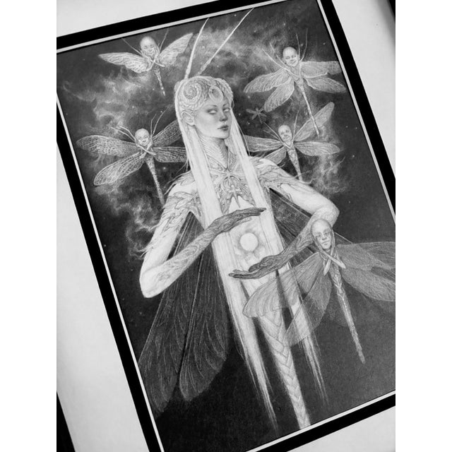 Contemporary Dragonfly Mother by Timothy Von Rueden and Babs Webb | Graphite on Mixed Media Paper Woman with dragonflies and ethereal elements. For Sale - Image 3 of 4