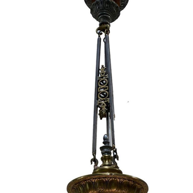 Art Deco Brass Ceiling Pendant W/ Stepped Blue Glass Deco Globe, Set of 4 For Sale - Image 4 of 7