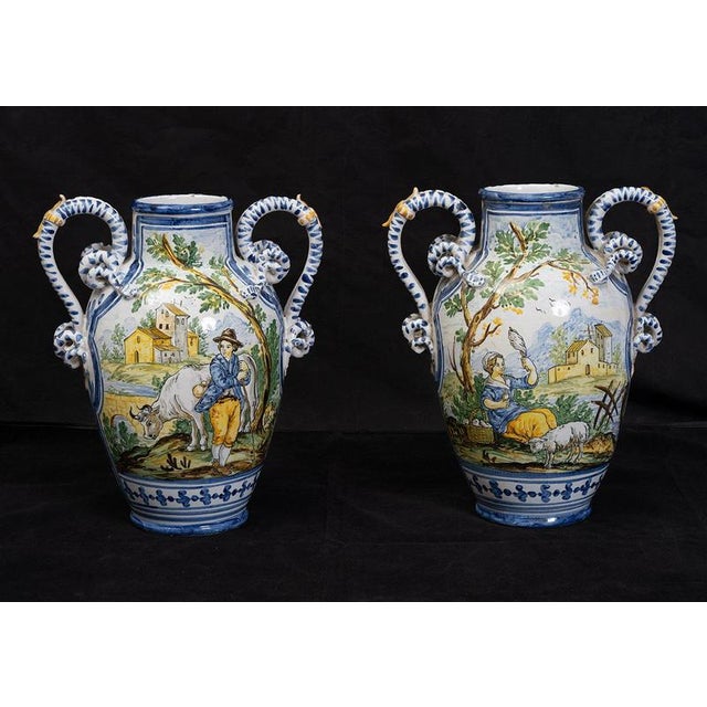 Antique Glazed Majolica Vases Depicting Pastoral Scenes, Naples, Late 19th Century, Set of 2 For Sale - Image 4 of 4