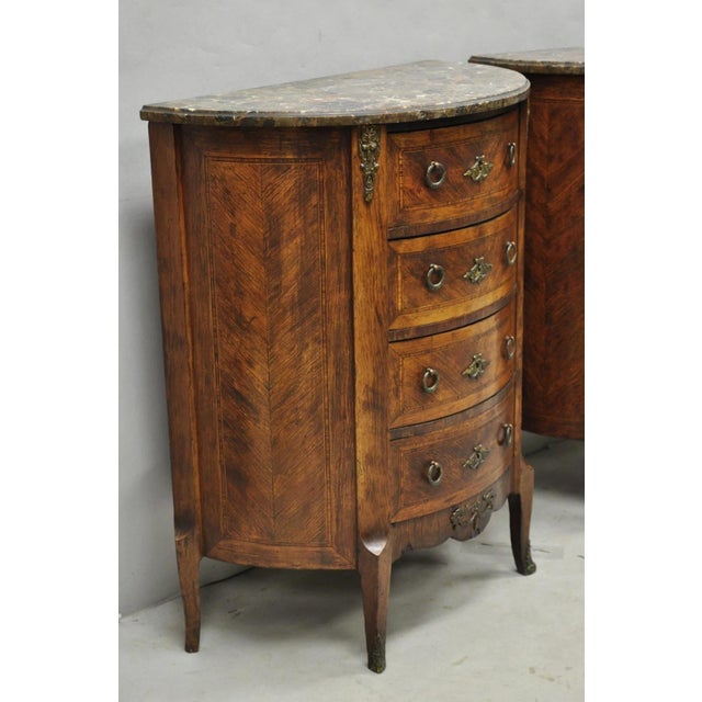 Antique French Louis XV Style Demilune Marble Top 4 Drawer Nightstand Table Pair For Sale - Image 13 of 18