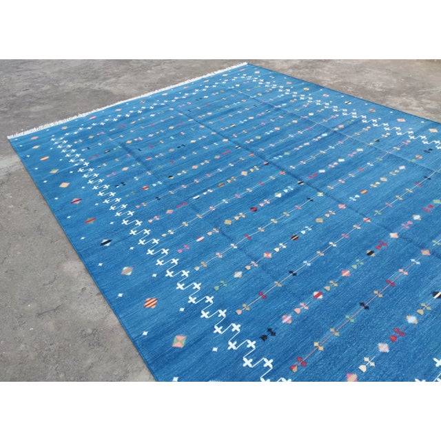 Textile Handmade Cotton Flat Weave Reversible Indigo Blue Shooting Star Area Rug - 6'x9' For Sale - Image 7 of 11