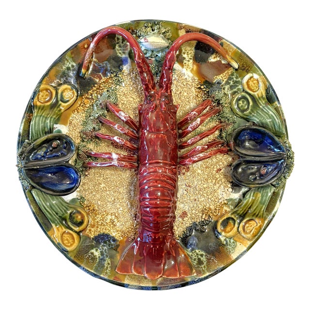 Vintage Majolica Bernard Palissy Style Decorative Ceramic Lobster Plate For Sale