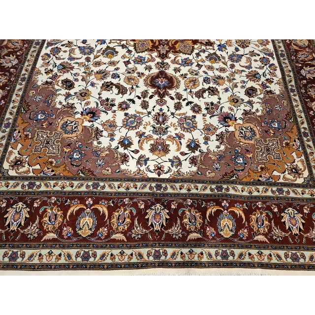 Persian Fine Persian Tabriz Shirfar Rug, Hand-Knotted Wool & Silk, Floral Pattern, Ivory & Chocolate, 7x10 For Sale - Image 3 of 18