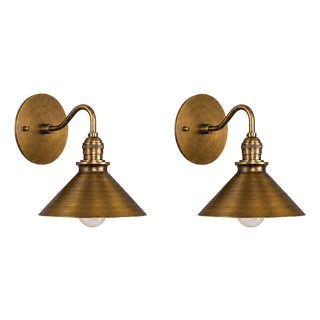 Antique Brass Cone Wall Sconces With Wide Metal Shades and Curved Arms - Pair For Sale
