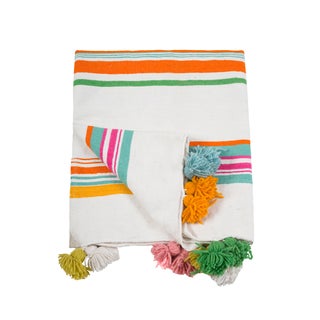Moroccan Multicolored Pom Pom Queen Size Blanket For Sale