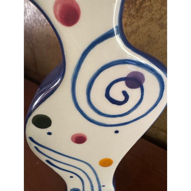 1990s Ceramic Art Vase With Swirl and Dot Pattern and Blue Sides For Sale - Image 10 of 10