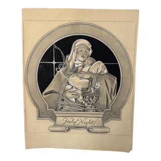 1940s Original t.e. Schrock Signed Graphite Illustration of Madonna and Child “Holy Night,” 14 × 11 In. For Sale