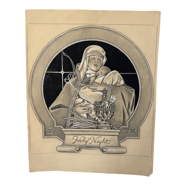 1940s Original t.e. Schrock Signed Graphite Illustration of Madonna and Child “Holy Night,” 14 × 11 In. For Sale