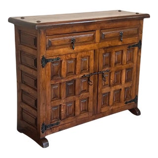 19th Spanish Baroque Carved Walnut Tuscan Two Drawer Credenza or Buffet For Sale