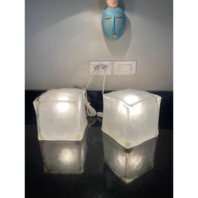 Glass Postmodern Swedish Ice Block Cube Lamps Satin Glass Set of 2 For Sale - Image 7 of 12