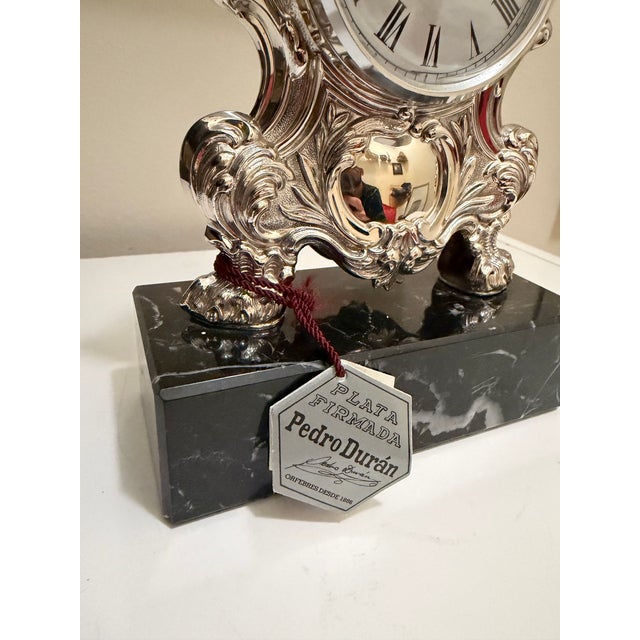 Sterling Silver 925 Pedro Duran Mantel Clock Marble Stand Louis XV Style NWT For Sale In Atlanta - Image 6 of 9