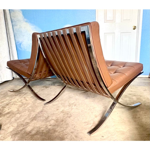 Pair of Knoll Barcelona® Chairs by Ludwig Mies Van Der Rohe - Velluto Pelle Umber Leather For Sale - Image 10 of 12