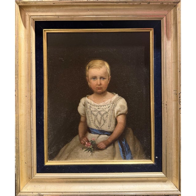 Unknown artist, portrait of a child, a girl with a rose, probably mid-19th century. Oil on canvas, approx. 33 x 27.5 cm....