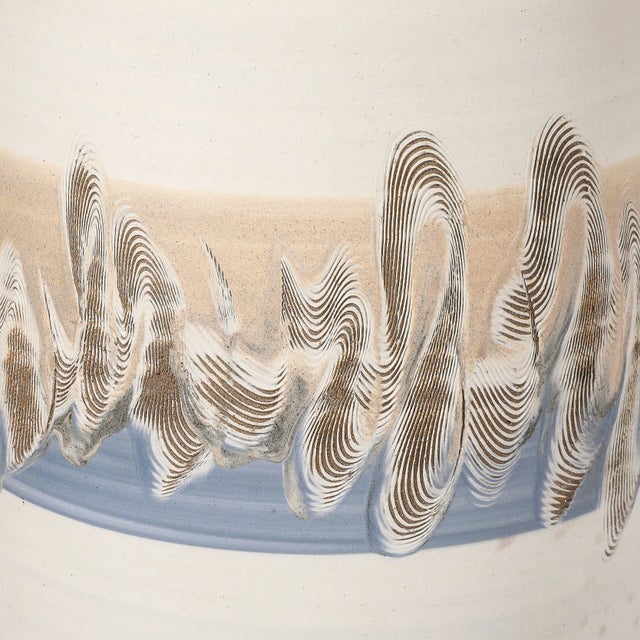 1970s Pair of Mid-Century Modernist Off White Ceramic Table Lamps W/ Banded Detailing For Sale - Image 5 of 12