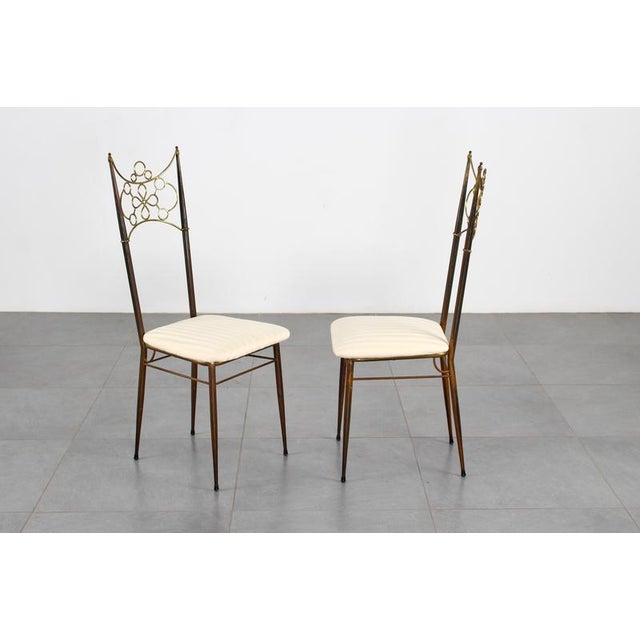 Mid-Century Brass, Metal and White Fabric High-Backed Chairs, Italy, 1950s, Set of 2 For Sale - Image 4 of 18