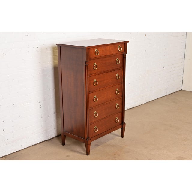 Baker Furniture Company 1960s Baker Furniture French Regency Louis XVI Cherry Wood Highboy Dresser or Lingerie Chest, Newly Refinished For Sale - Image 4 of 13