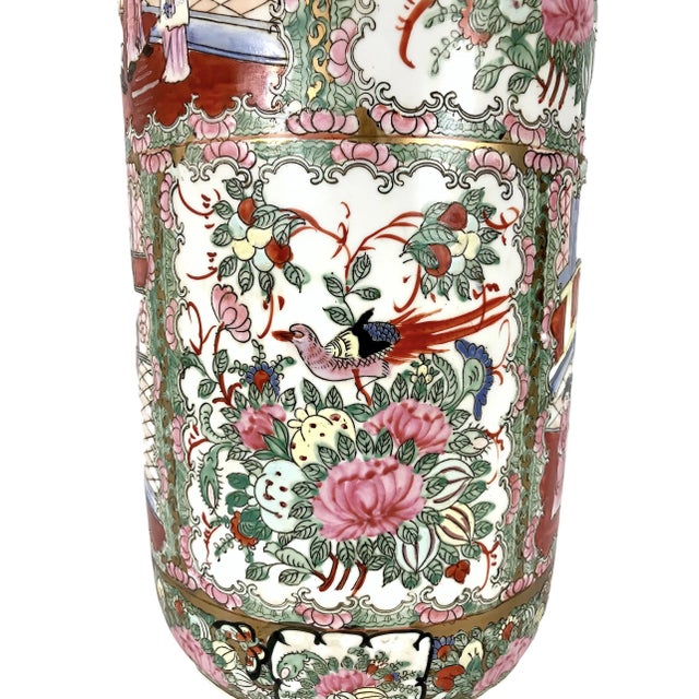 Qianlong Chinese Rose Medallion White Porcelain Umbrella Stand With Gilt Work, Signed For Sale - Image 9 of 10