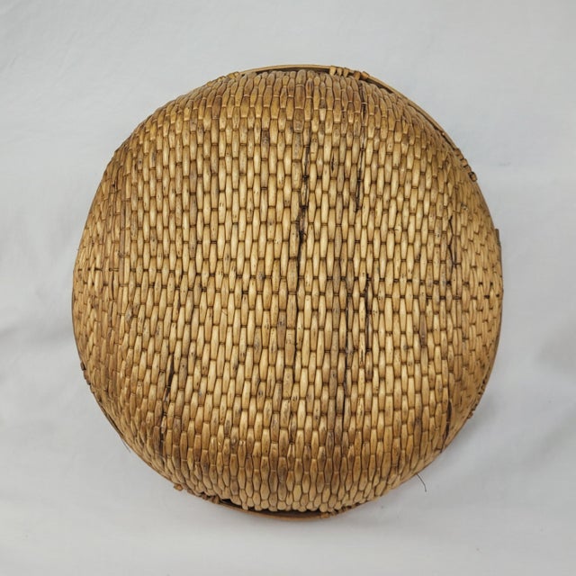 Vintage Round Woven Wicker Rice Basket With Wood Handles Rustic Boho For Sale - Image 6 of 11