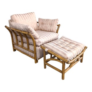 1980s Vintage Boho Chic Rattan Overstuffed Lounge Chair With Ottoman For Sale