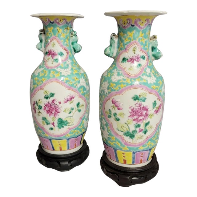 Pair of Chinese Famille Rose Porcelain Vases With Peony Medallions, Circa 1900 For Sale