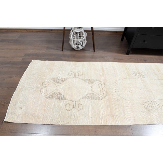 1970s Vintage Turkish Handmade Wool Cotton Beige Runner Rug For Sale - Image 10 of 11