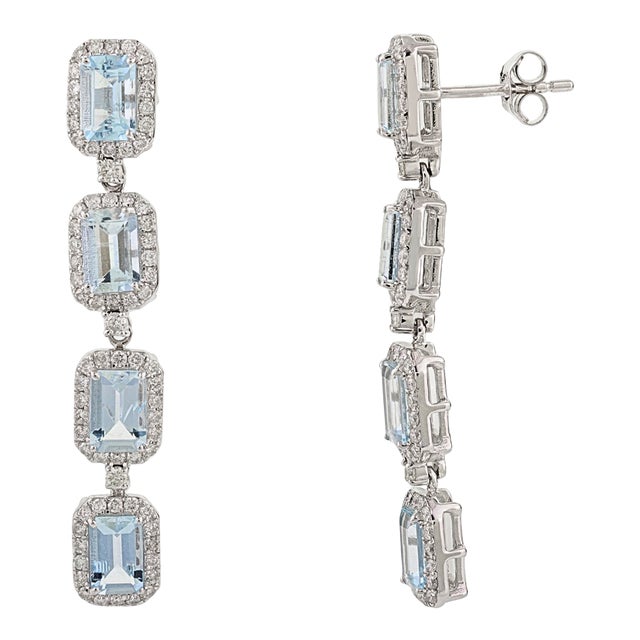 Octagon Cut Aquamarine & Halo Diamond Dangle Earrings - a Pair For Sale