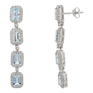 Octagon Cut Aquamarine & Halo Diamond Dangle Earrings - a Pair