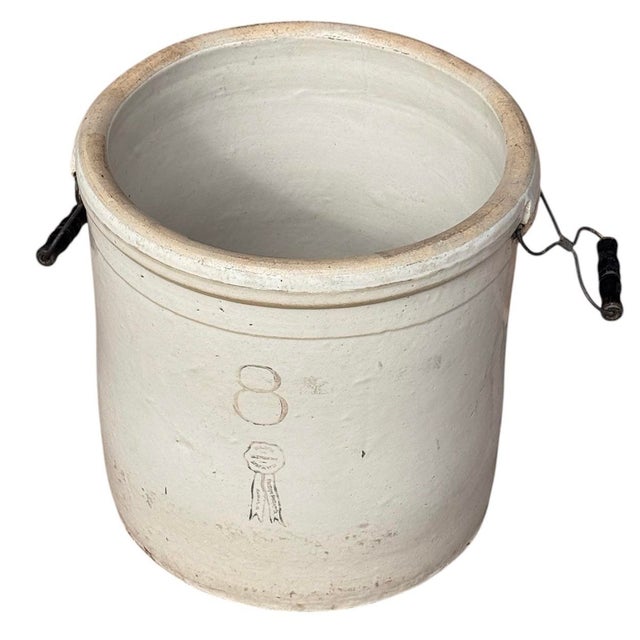 Metal Antique Buckeye Pottery Co. Macomb Stoneware Blue Ribbon 8-Gallon Crock For Sale - Image 7 of 8