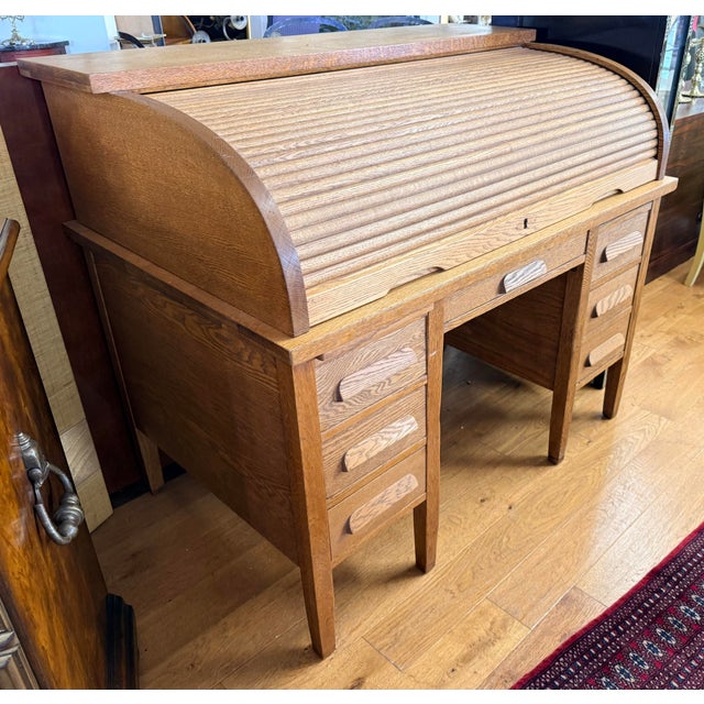 Traditional Vintage Oak C-Curve Roll Top Desk With Full Fitted Interior For Sale - Image 3 of 10