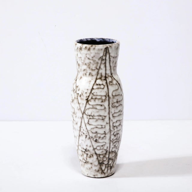 Mid-Century Modernist White and Earth Toned Ceramic Vase With Leaf Motif For Sale - Image 4 of 11