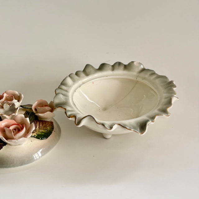 Vintage Capodimonte-Style Italian Porcelain Lidded Bowl With Pink Roses, Ruffled Edge & Feet For Sale - Image 9 of 11