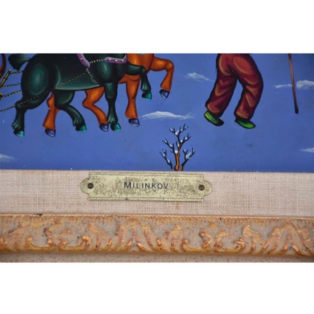 Ljubomir Milinkov, Folk Art Naive Oil Painting Ljubomir Milinkov Whimsical Pastoral Farm Landscape For Sale - Image 13 of 18