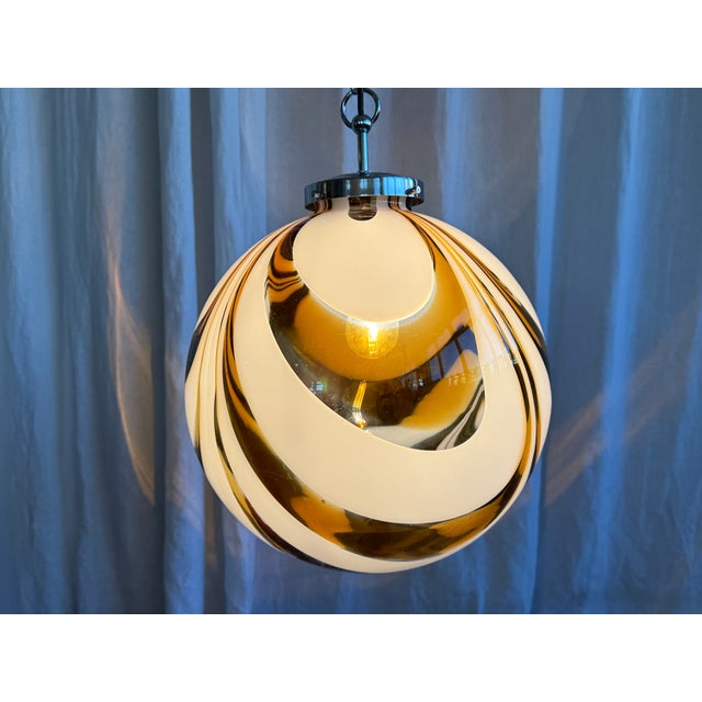 Mid-Century Modern Mid-Century Italian Amber and White Swirl Murano Glass Pendant with Chrome Suspension attributed to Mazzega, 1970s For Sale - Image 3 of 18